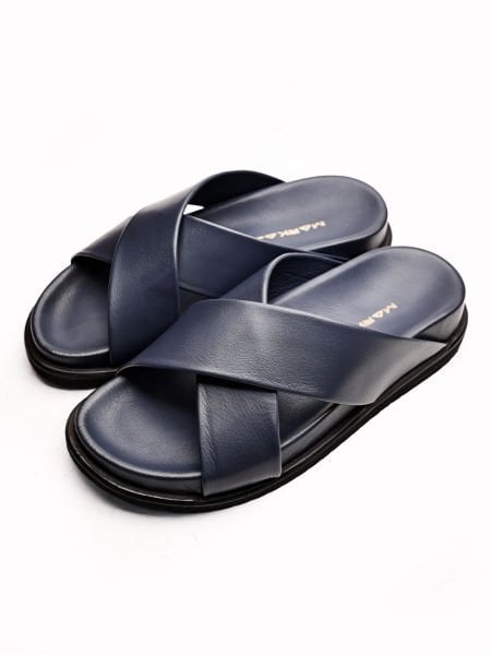 NAVY BLUE  CANVAS HAKİKİ DERİ ERKEK SANDALET LACİVERT - 43
