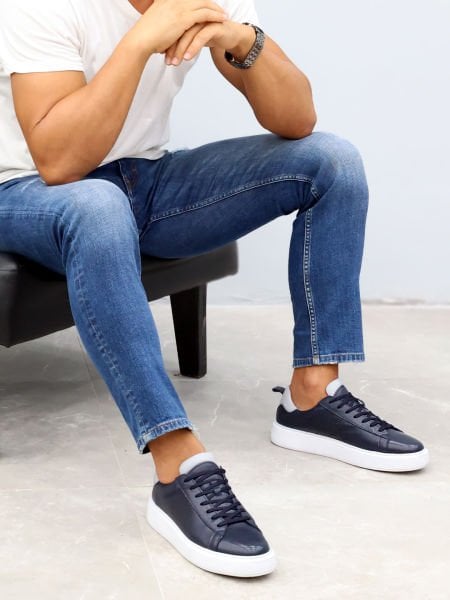 NAVY BLUE GREY CAPTOE HAKİKİ DERİ GÜNLÜK AYAKKABI LACİVERT GRİ - 45