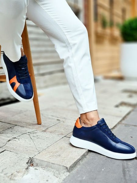 NAVY BLUE ORANGE LOUIS   ERKEK TARZ KALİTELİ GÜNLÜK AYAKKABI LACİVERT TURUNCU - 45