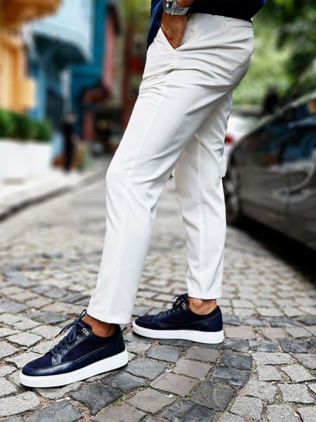 NAVY BLUE VUITTON ERKEK DERİ GÜNLÜK AYAKKABI LACİVERT - 45