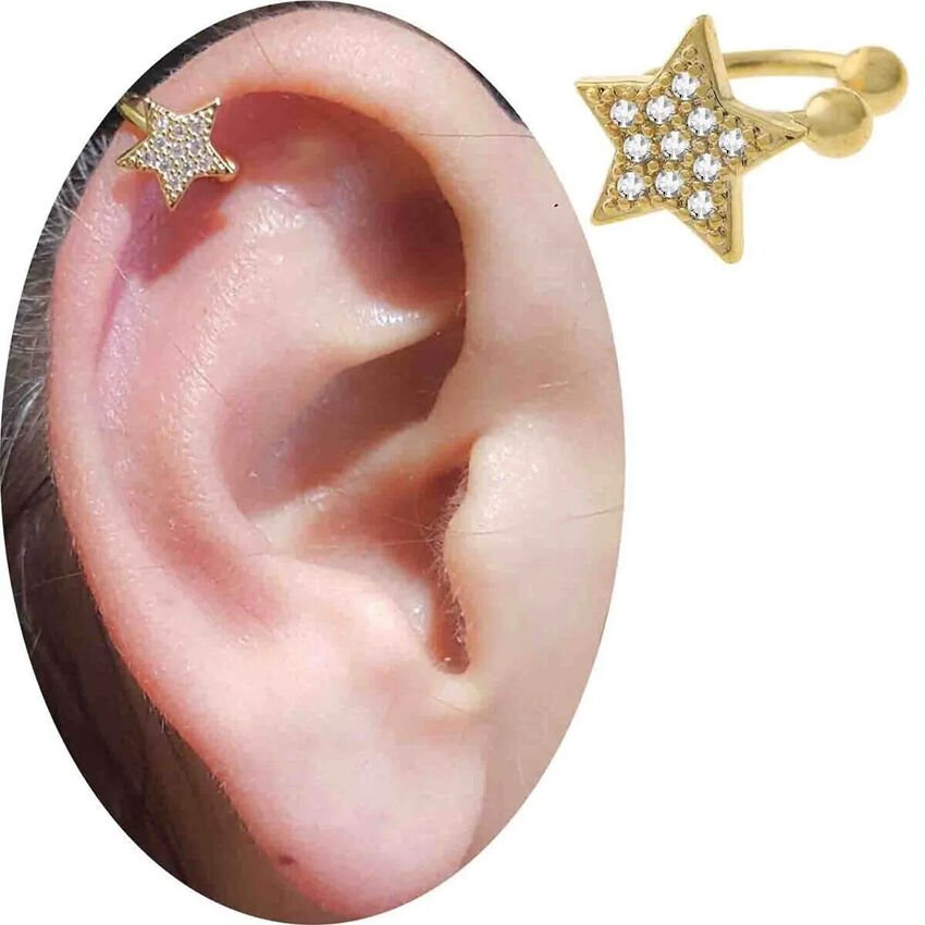 Zirkon Taşlı Gold Yıldız Helix-Kıkırdak Sıkıştırma Piercing