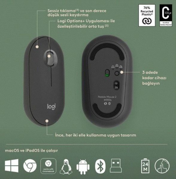920-012245 Pebble 2 Multi-Device Bluetooth Klavye Mouse Seti Grafit
