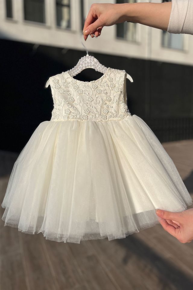 Güpür Çiçekli Hayal Tül Kırık Beyaz Özel Tasarım Kız Çocuk Bebek Gelinlik Mevlüt Abiye Lara Elbise