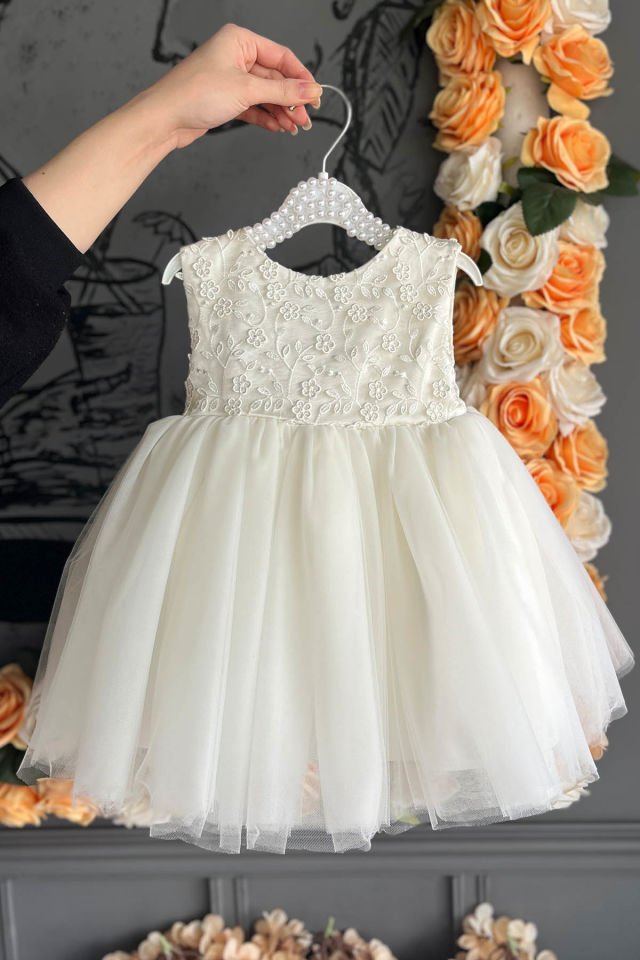Güpür Çiçekli Hayal Tül Etekli Kırık Beyaz Özel Tasarım Kız Çocuk Bebek Gelinlik Mevlüt Abiye Lara Elbise