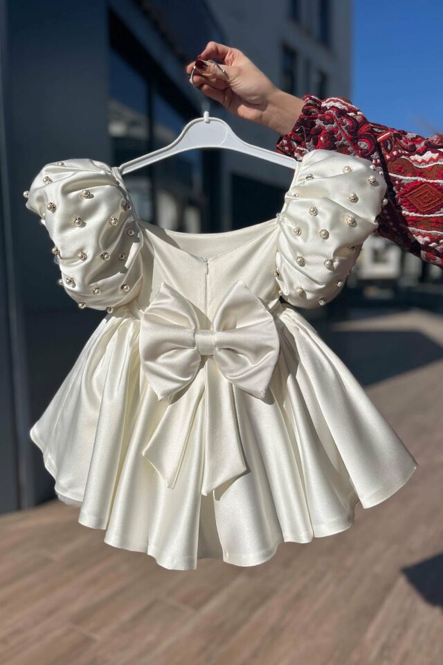 Saten Kırık Beyaz Kız Çocuk Bebek İnci Balon Kol Gelinlik Abiye Royal Elbise