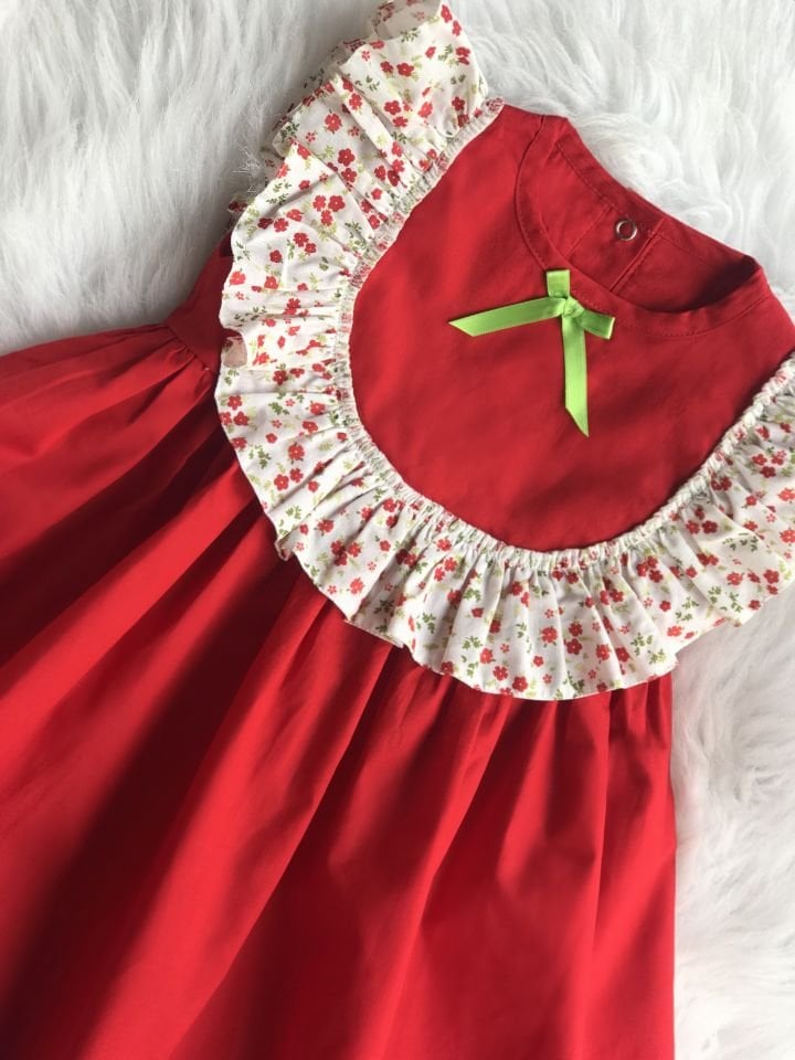 Fırfır Detaylı Kolsuz Çiçekli Kırmızı Kız Çocuk Bebek Elbise