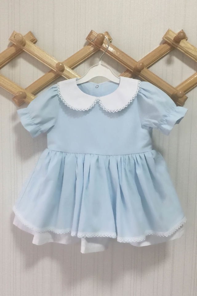 Bebe Yaka Dantel Detaylı Poplin Kız Çocuk Bebek Bebe Mavi Beyaz Elbise