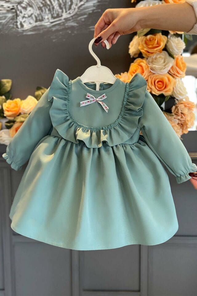 Mint Yeşili Fırfır Ve Dantel Detaylı Vintage Krep Tasarım Kız Çocuk Bebek Elbise