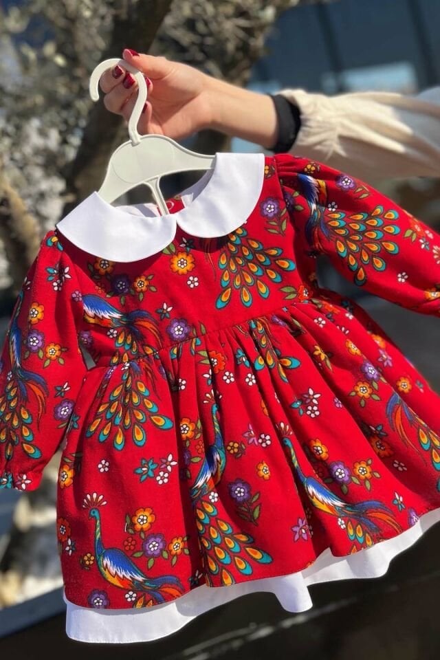 Bebe Yaka Poplin Kız Çocuk Bebek Pazen Poplin Renkli Elbise
