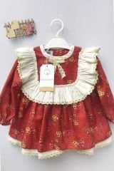 Fırfır Ve Dantel Detaylı Özel Tasarım Çiçek Desenli Kiremit Renk Kız Çocuk Bebek Elbise
