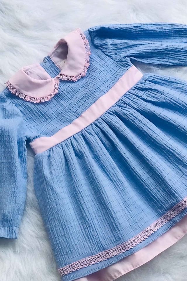 Dantel Ve Fiyonk Detaylı Mavi Pembe Kız Çocuk Bebek Bürümcük Pamuk Elbise