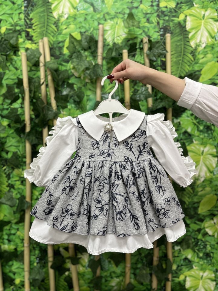 Büzgü Kol Broş Detaylı Gri Triko Pamuk Kız Çocuk Bebek Elbise