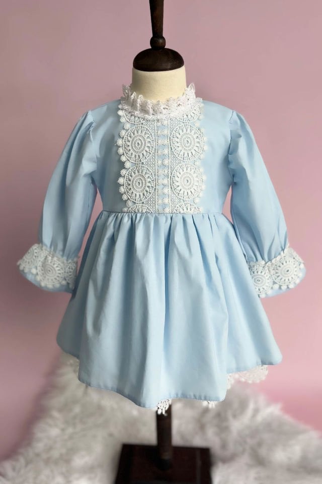 Zarif Dantel Detaylı Bebe Mavi Kız Çocuk Bebek Poplin Pamuk Elbise