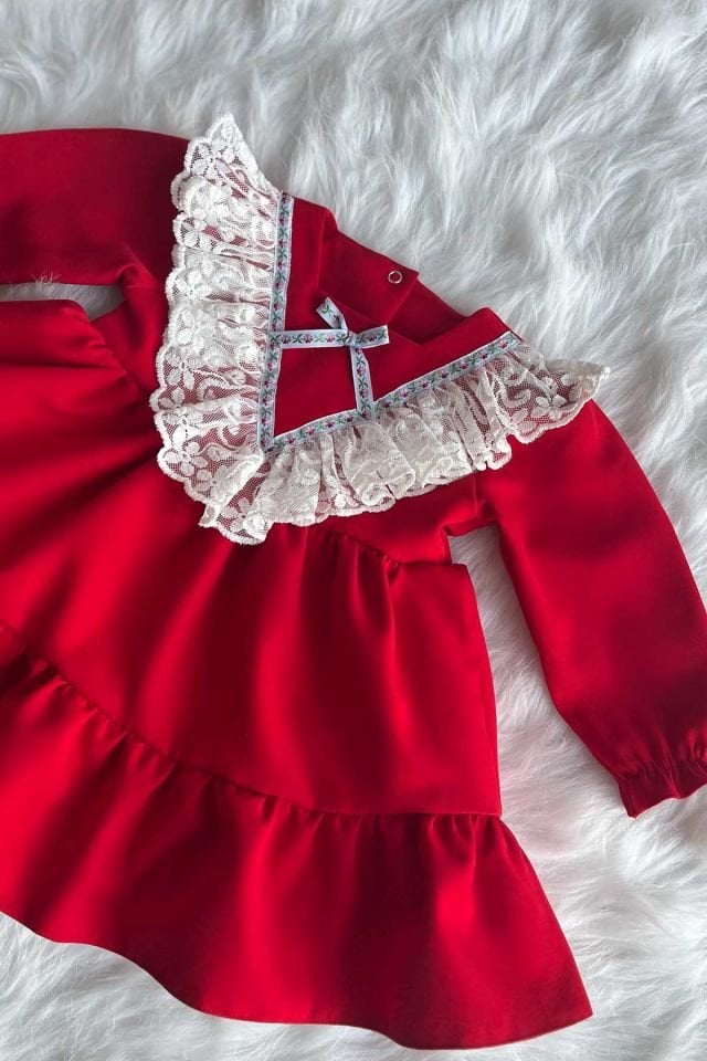 Kırmızı Dantel Ve Kurdele Detaylı Abiye Kız Çocuk Bebek Bayram Doğum Günü Elbise