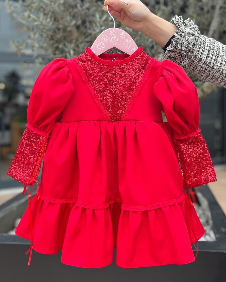 Dantel ve Pul Payet Detaylı Krep Kız Çocuk Bebek Abiye Kırmızı Mevlüt Bayram Elbise