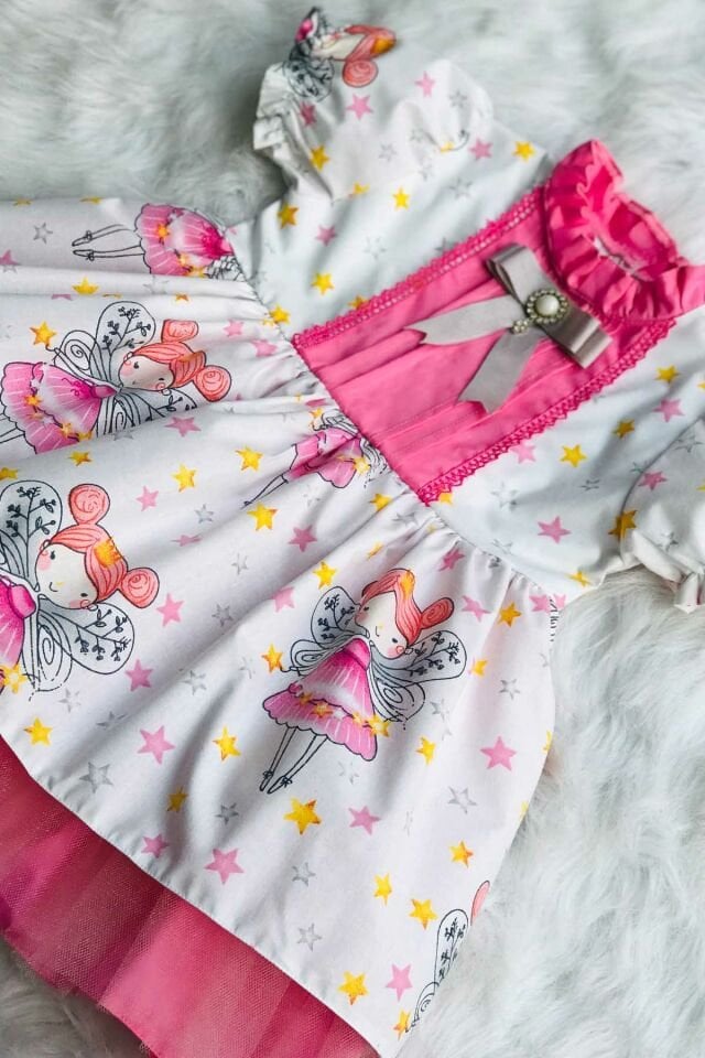 Broş Detaylı Perili Kız Çocuk Bebek Tasarım Pembe Doğum Günü Elbise