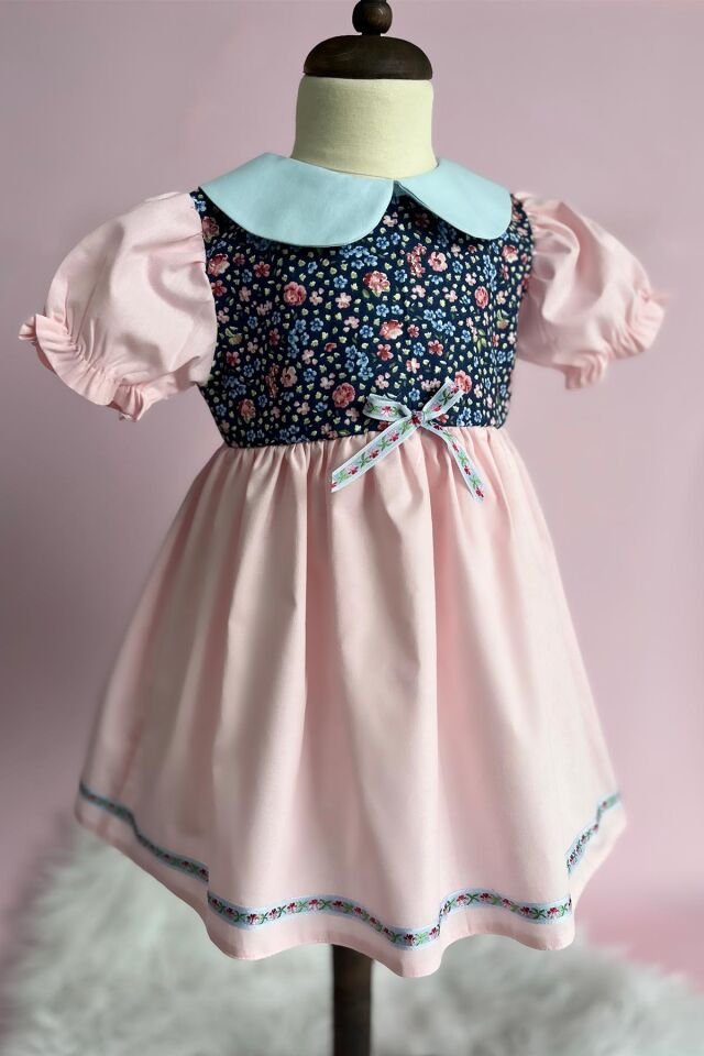 Bebe Yaka Mavi Pembe Çiçekli Kız Çocuk Bebek Bahar Elbise