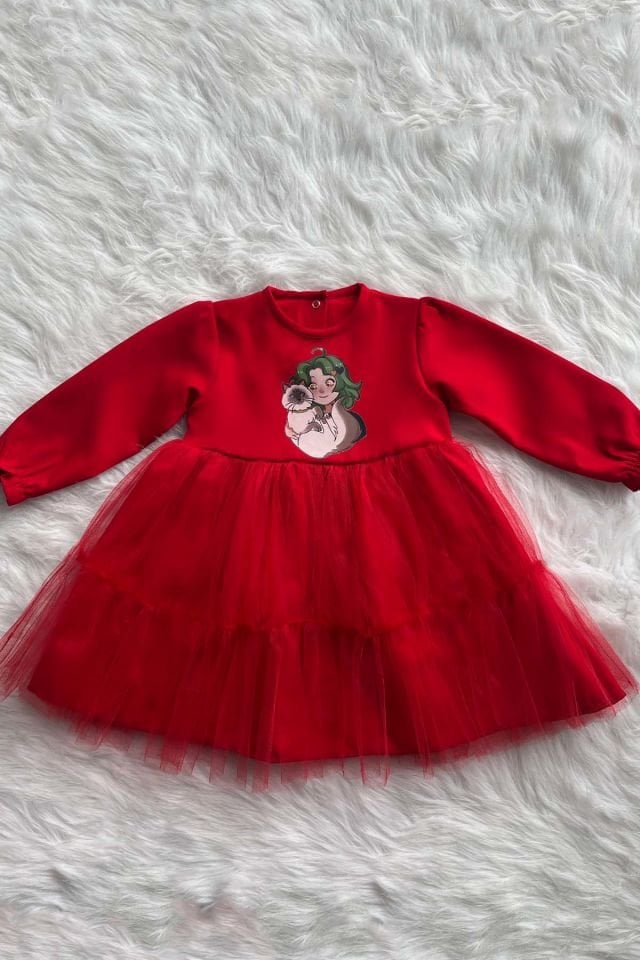 Kedili Kız Şeker Baskı Kız Çocuk Bebek Tül Kırmızı Krep Elbise
