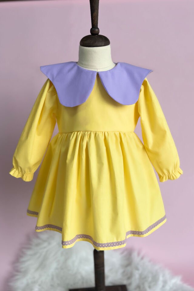 Dantel Detaylı Lila Yaka Kız Çocuk Bebek Sarı Lale Elbise