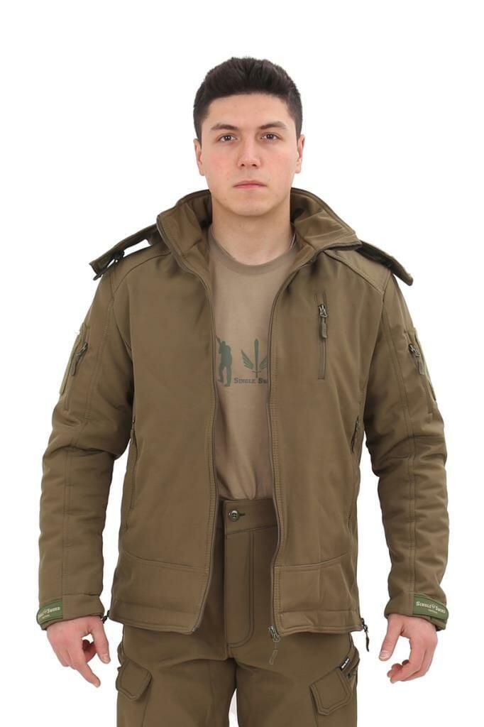 Single Sword Su&Rüzgar Geçirmez Outdoor Softshell Kışlık Erkek Mont (Kapüşonlu) HAKİ - XL