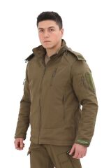 Single Sword Su&Rüzgar Geçirmez Outdoor Softshell Kışlık Erkek Mont (Kapüşonlu) HAKİ - 3XL