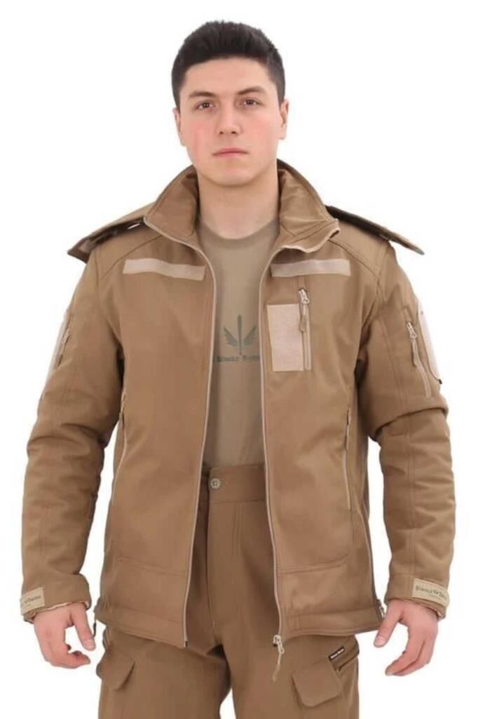 Single Sword Su&Rüzgâr Geçirmez Kapüşonlu Softshell Kışlık Erkek Mont BEJ - 2XL