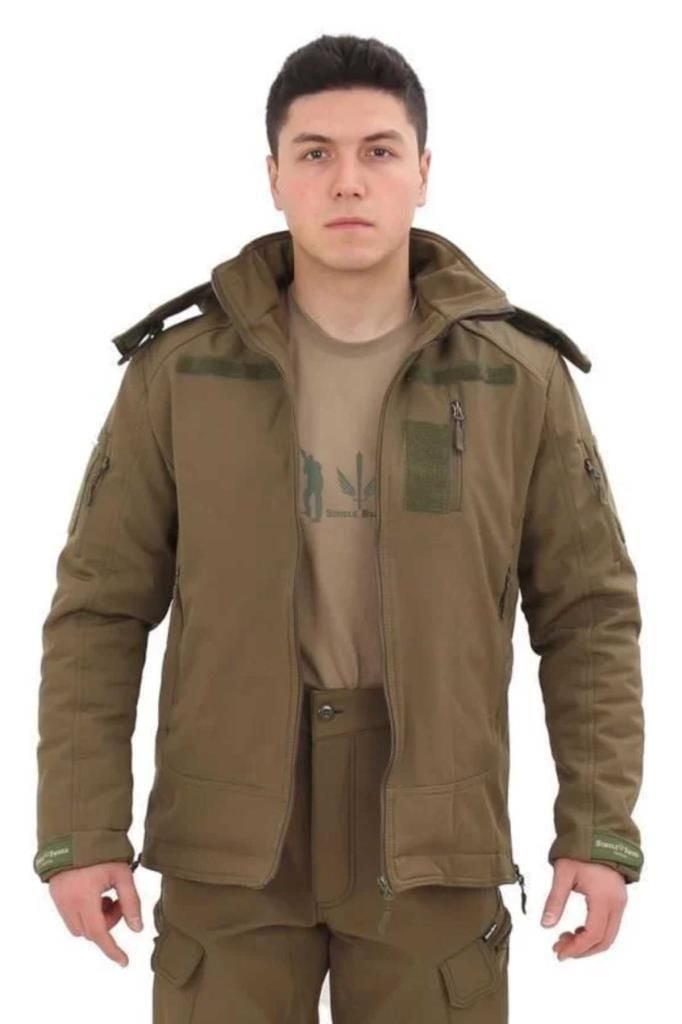 Single Sword Su&Rüzgâr Geçirmez Kapüşonlu Softshell Kışlık Erkek Mont HAKİ - 3XL