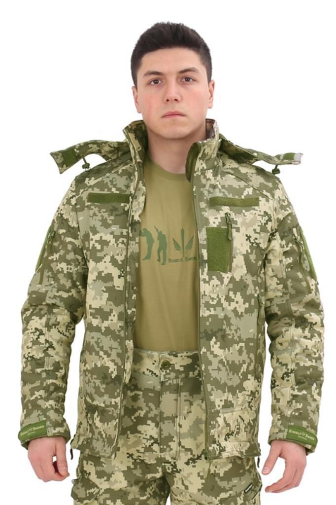 Single Sword Su&Rüzgâr Geçirmez Kapüşonlu Softshell Kışlık Erkek Mont PİKSEL - 3XL