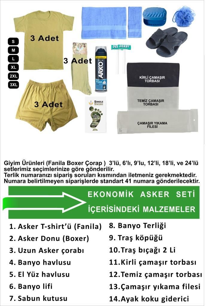 Acemi Bedelli Ekonomik Asker Seti-Asker Malzemeleri 21 Parça 3 lü Set