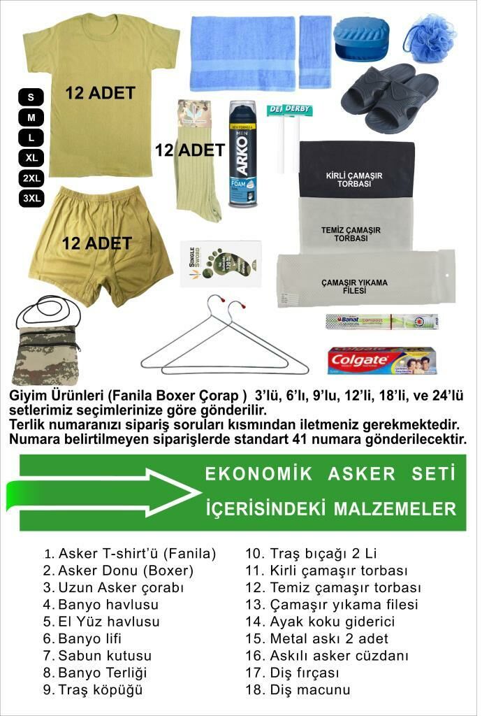 Acemi Bedelli Ekonomik Asker Seti- Asker Malzemeleri 56 Parça 12 Li Set