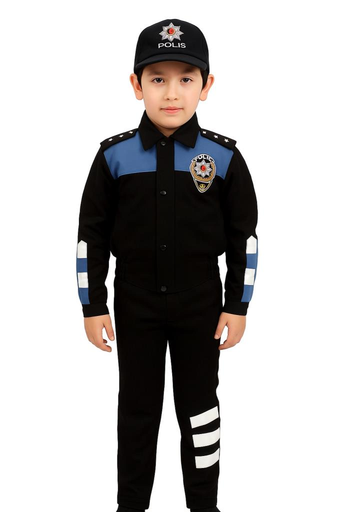 Unisex Çocuk Polis Kıyafeti (Şapka, Gömlek, Pantolon Takımı) Yunus - 6 - Yunus