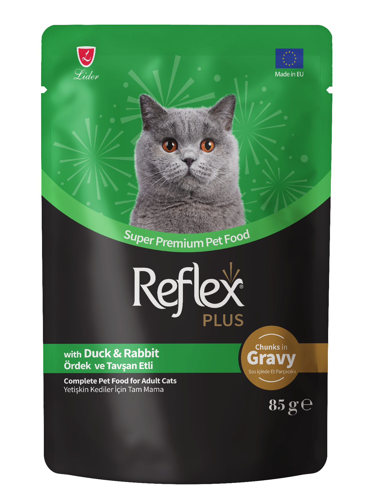 Reflex Plus Sos İçinde Et Parçacıklı Ördekli & Tavşanlı Yetişkin Kedi Maması 85