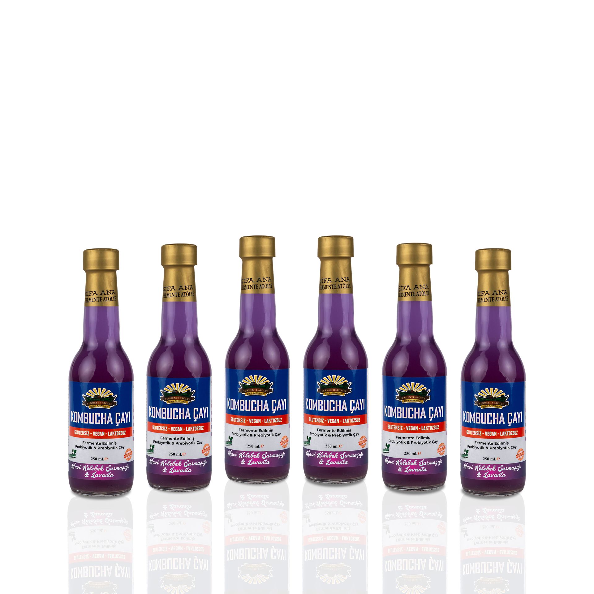 6 Adet Mavi Kelebek & Lavanta Kombucha (250ml.) Cam Şişede