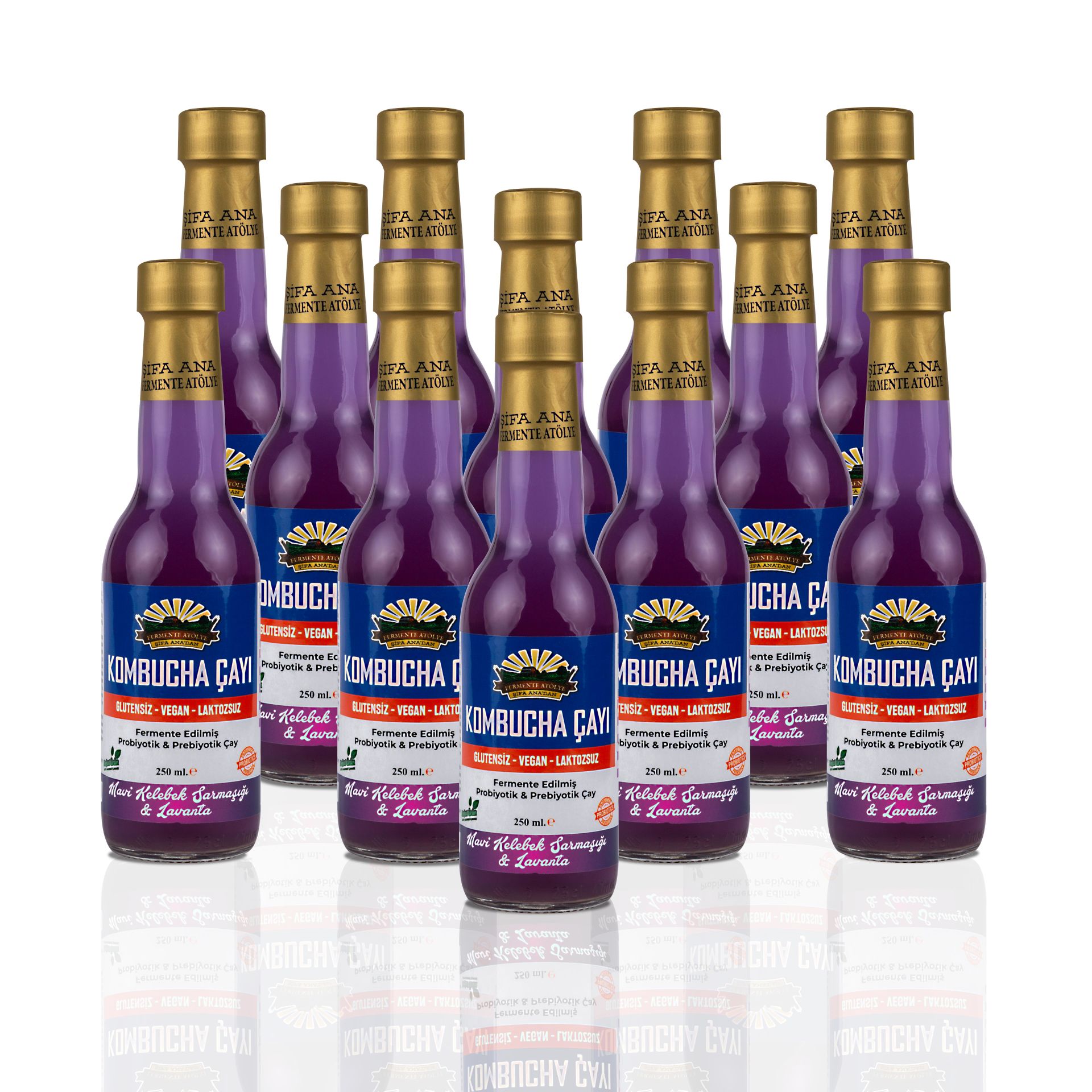 12 Adet Mavi Kelebek & Lavanta Kombucha (250ml.) Cam Şişede