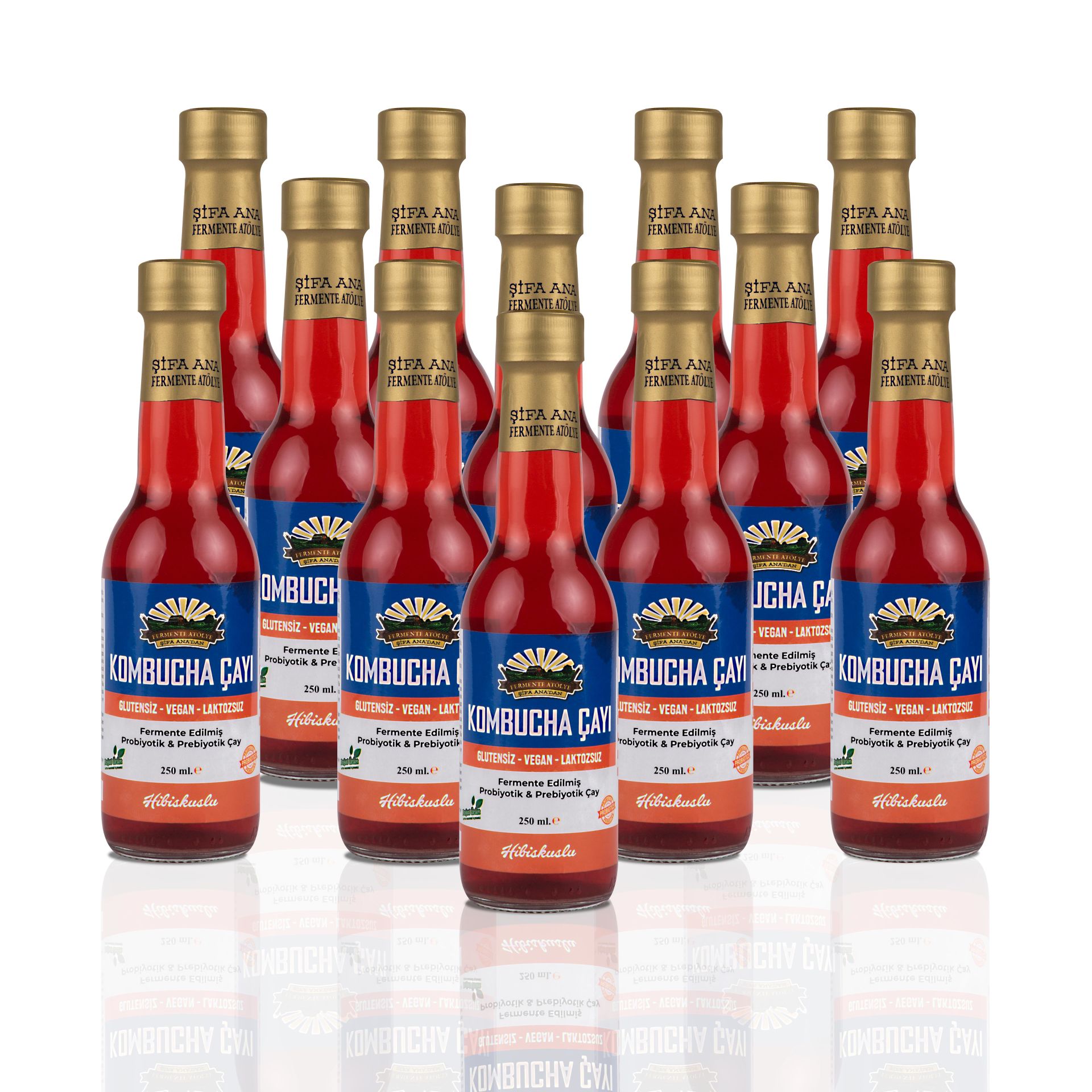 12 Adet Hibiskuslu Kombucha (250ml.) Cam Şişede