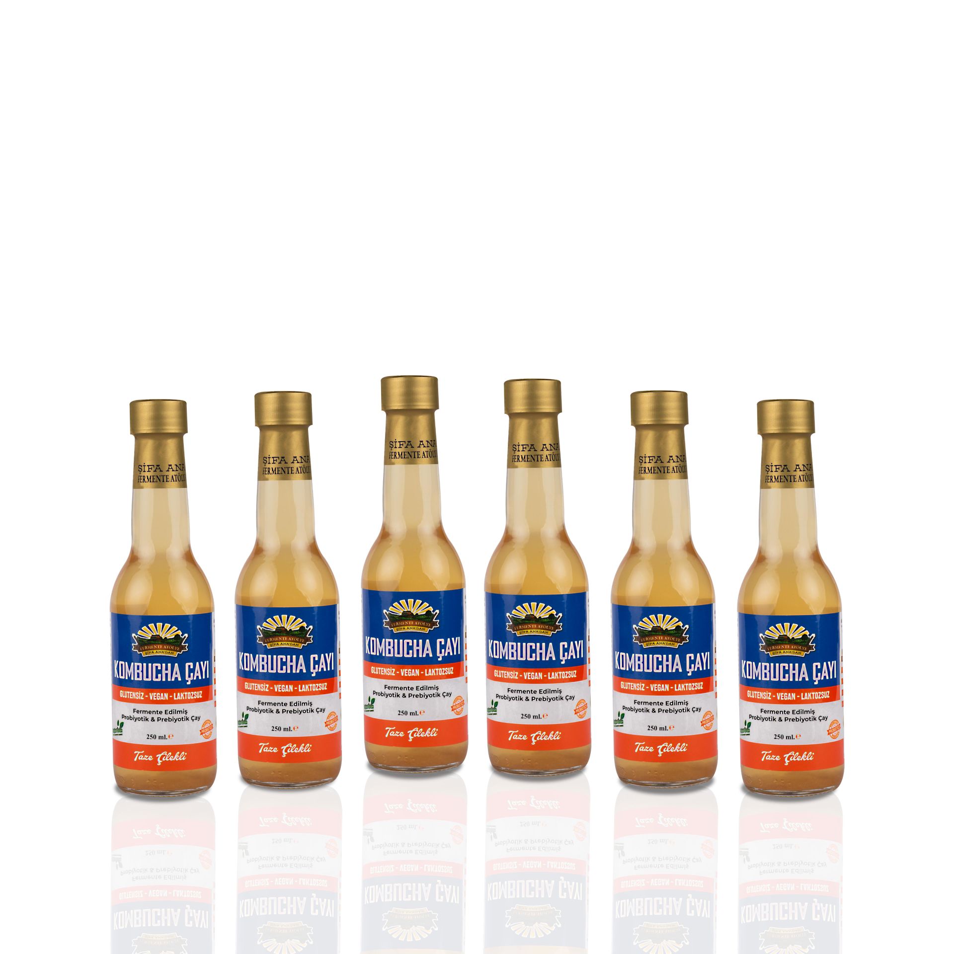 6 Adet Taze Çilekli Kombucha (250ml.) Cam Şişede