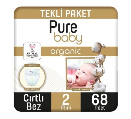 Pure Baby Organik Cırtlı Bebek Bezi 2 (Mini) Beden-68 Adet