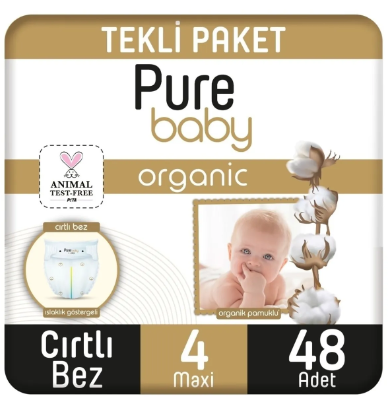 Pure Baby Organik Cırtlı Bebek Bezi 4 (Maxi) Beden-48 Adet