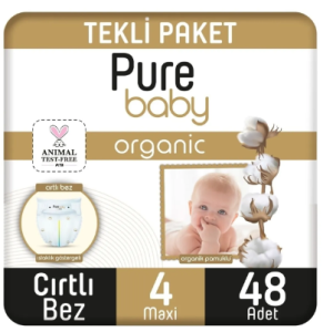Pure Baby Organik Cırtlı Bebek Bezi 4 (Maxi) Beden-48 Adet