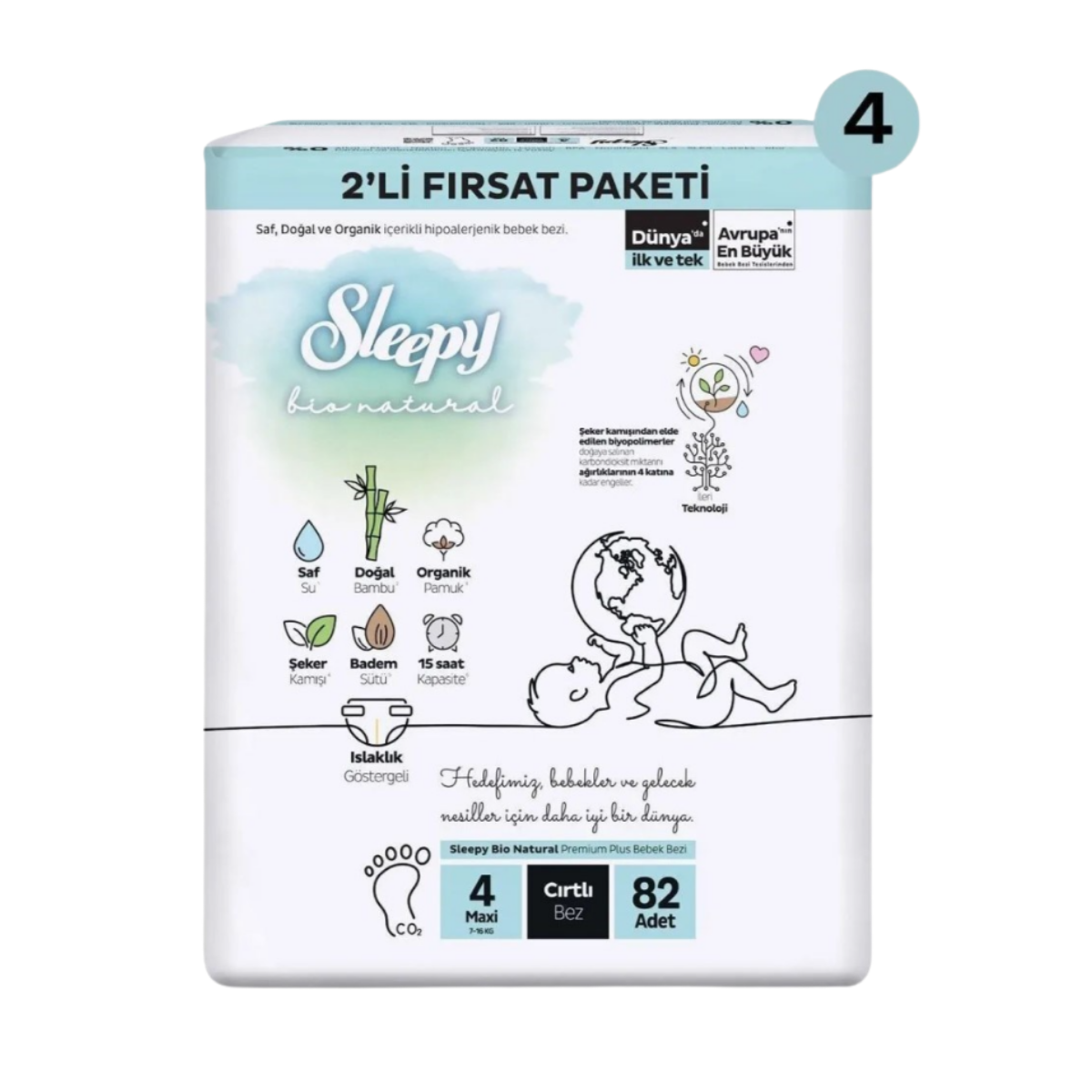 Sleepy Bio Natural 2'Li Fırsat Paketi Cırtlı Bebek Bezi 4 (Maxi) Beden-82 Adet