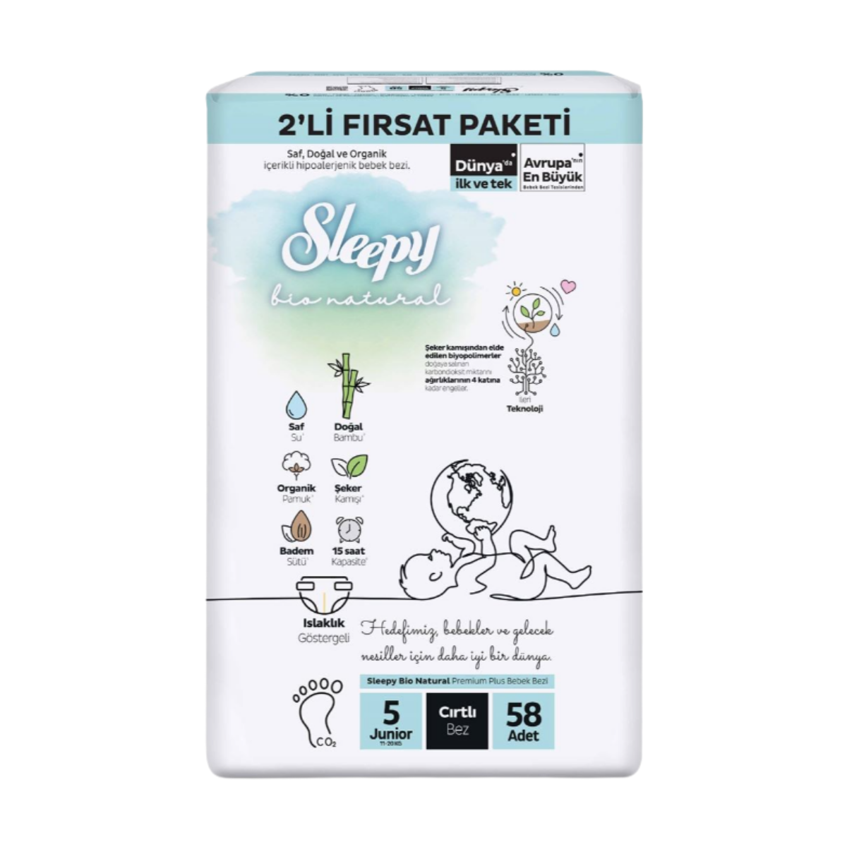Sleepy Bio Natural 2'Li Fırsat Paketi Cırtlı Bebek Bezi 5 (Junıor) Beden-58 Adet