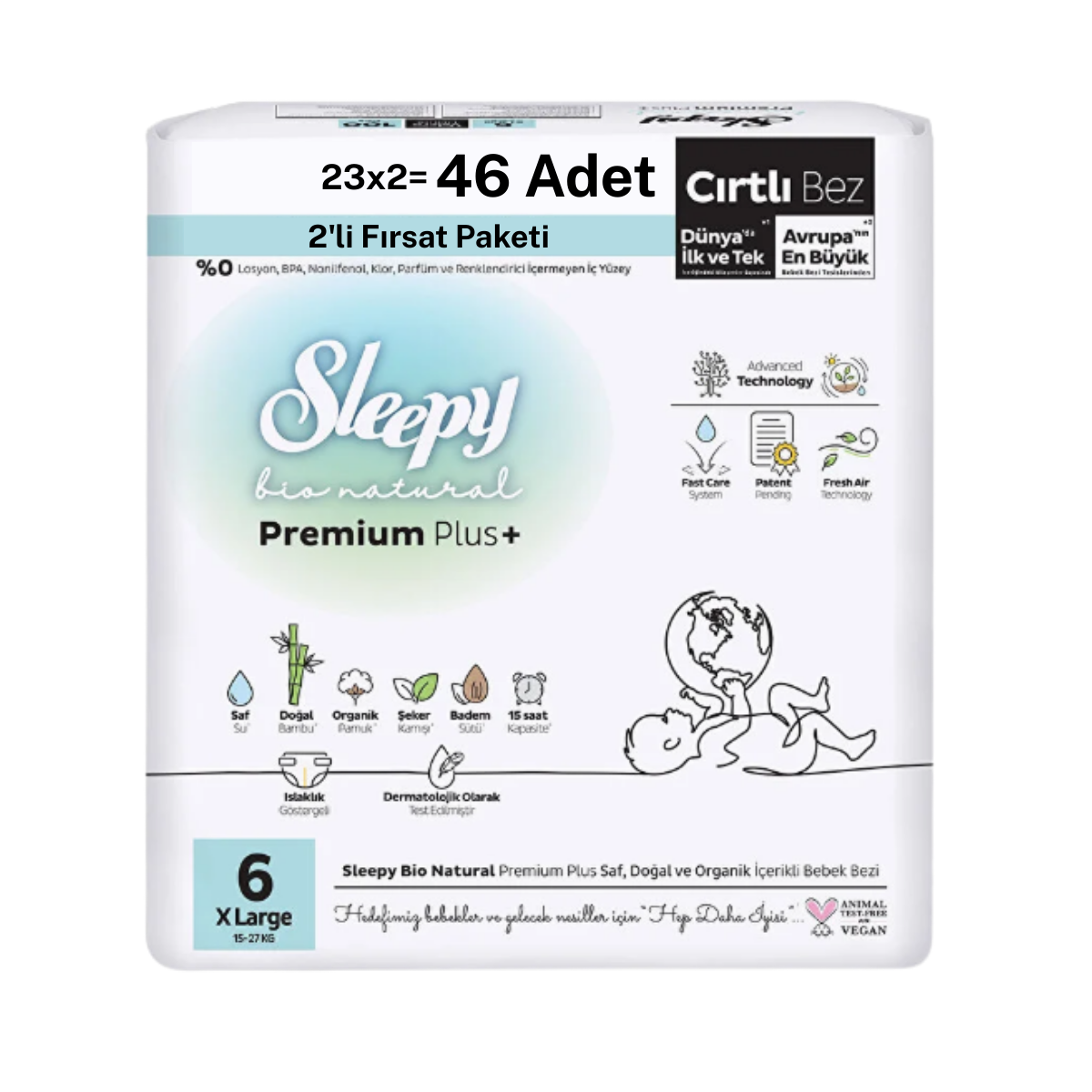 Sleepy Bio Natural 2'Li Fırsat Paketi Cırtlı Bebek Bezi 6 (XL) Beden-46 Adet