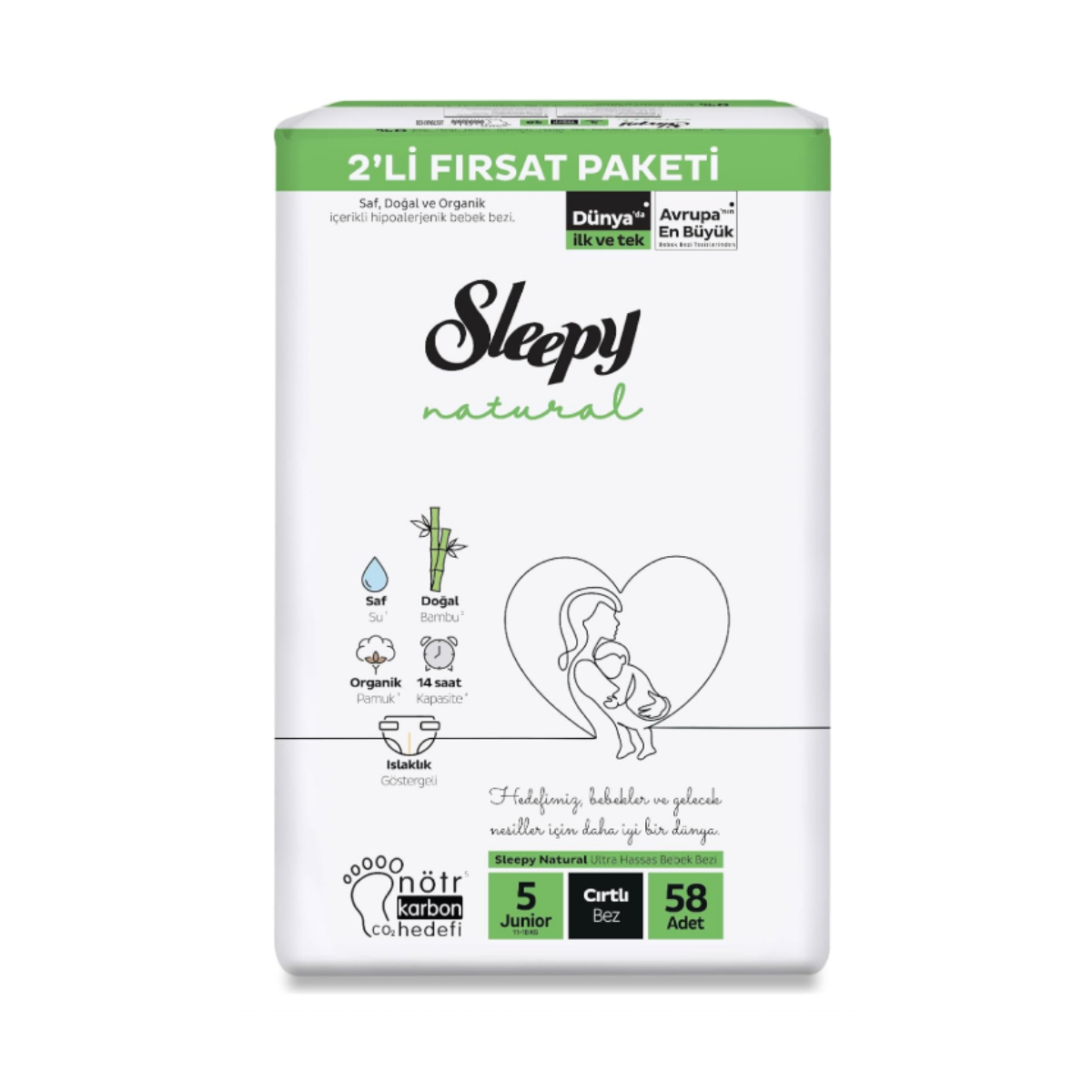 Sleepy Natural 2'li Fırsat Cırtlı Bebek Bezi 5 (Junıor) Beden-58 Adet