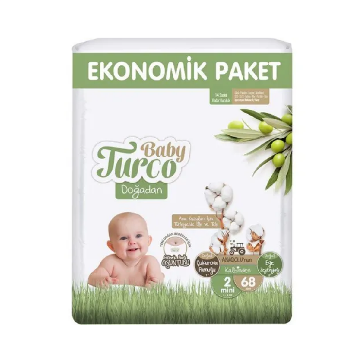 BabyTurco Doğadan Ekonomik Cırtlı Bebek Bezi 2 (Mini) Beden-68 Adet