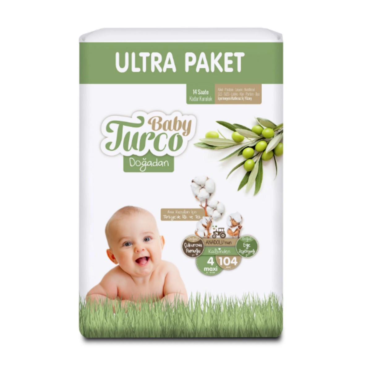 BabyTurco Doğadan Ultra Paket Cırtlı Bebek Bezi 4 (Maxi) Beden-104 Adet