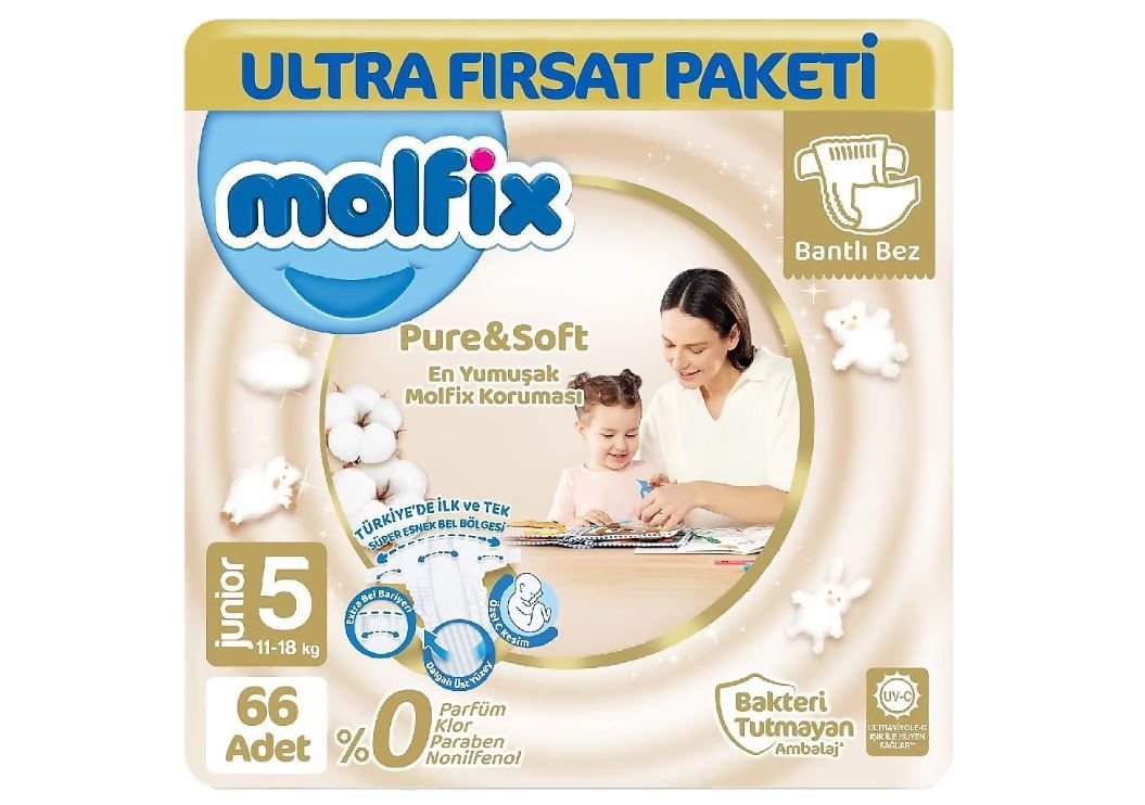 Molfix Ultra Avantaj Pure Soft Cırlı Bebek Bezi 5 junior 66 adet