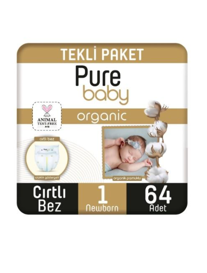 Pure Baby Organik Cırtlı Bebek Bezi 1 (Yenidoğan) Beden-64 Adet