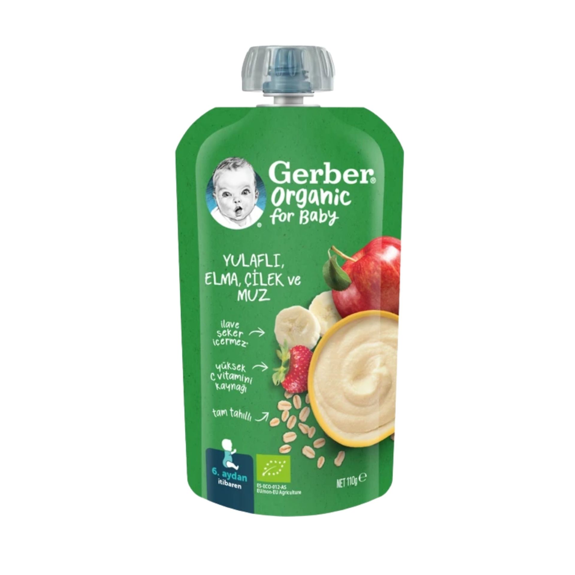 Gerber Organik Yulaflı Elmalı ve Çilekli Muz Püresi