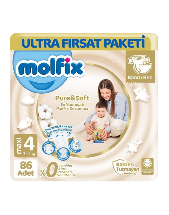 Molfix Ultra Avantaj Pure Soft Cırlı Bebek Bezi 4 (Maxi) Beden-86 Adet