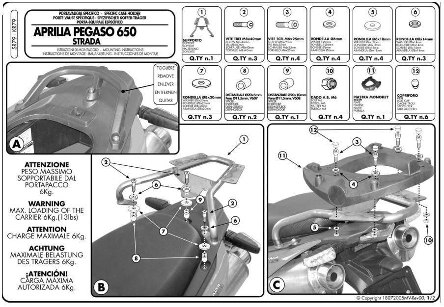 KAPPA KR79 APRILIA PEGASO 650 STRADA-TRAIL (05-11) ARKA ÇANTA TAŞIYICI